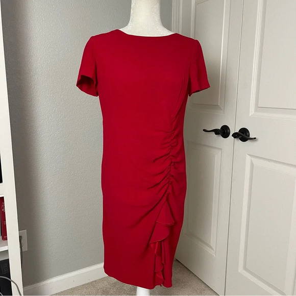 Moschino Cheap & Chic Red Ruched Sheath Dress With Ruffle Size 6 - Picture 2 of 7